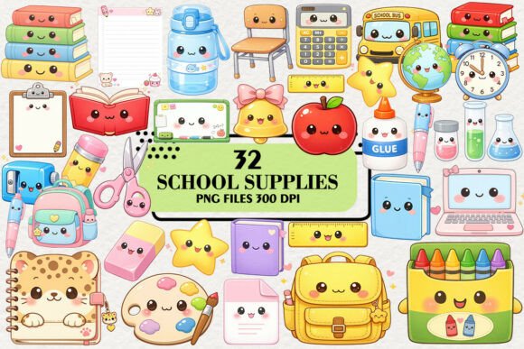 Download Kawaii School Supplies Clipart Bundle - Supplies Collection