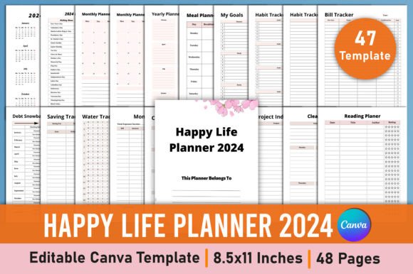 Download Editable Happy Life Planner 2024 Canva - Canva Collection