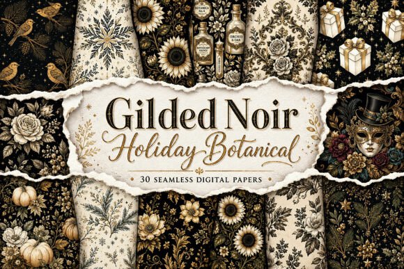 Download Gilded Noir Holiday Botanical Digital - Digital Collection